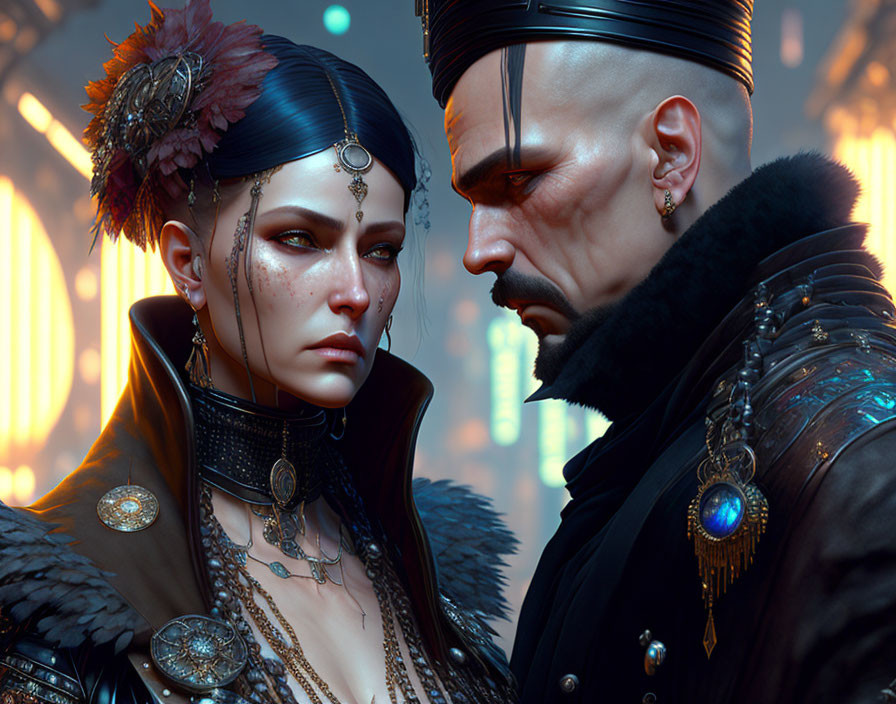 Digital artwork featuring man and woman in dark regal attire against futuristic cityscape.