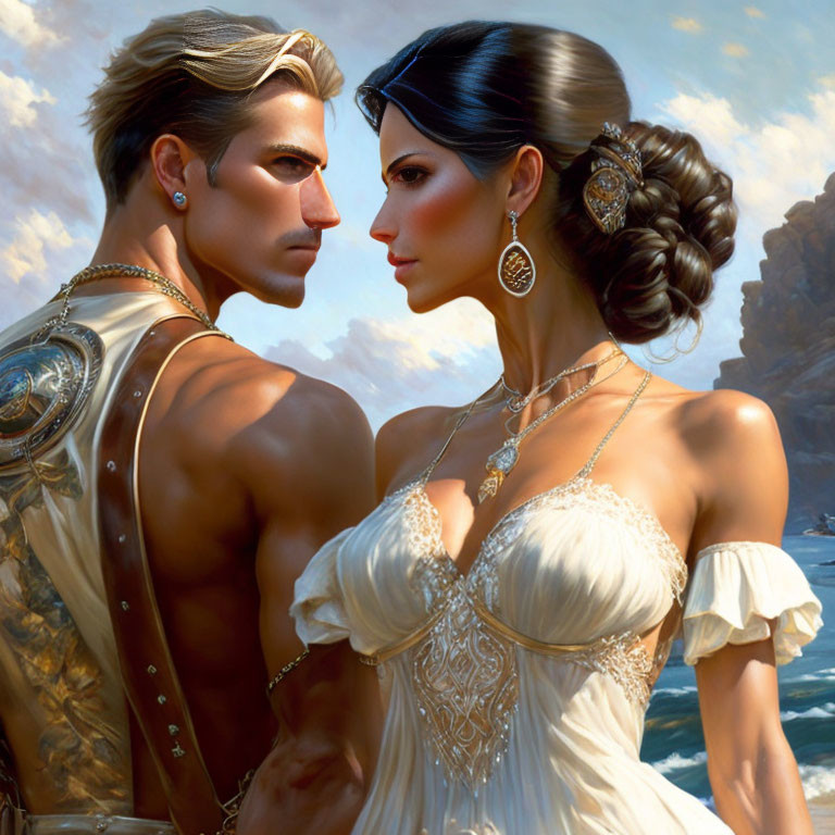 Fantasy-style couple in armor and gown against seascape