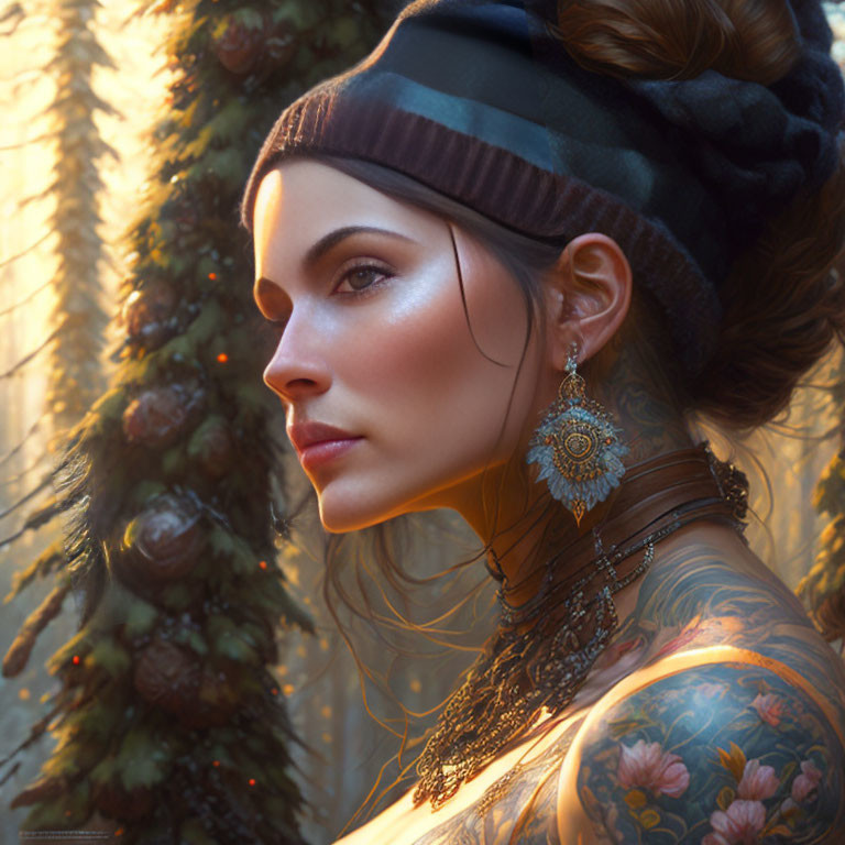 Portrait of Woman with Intricate Tattoos and Elegant Jewelry in Serene Natural Setting