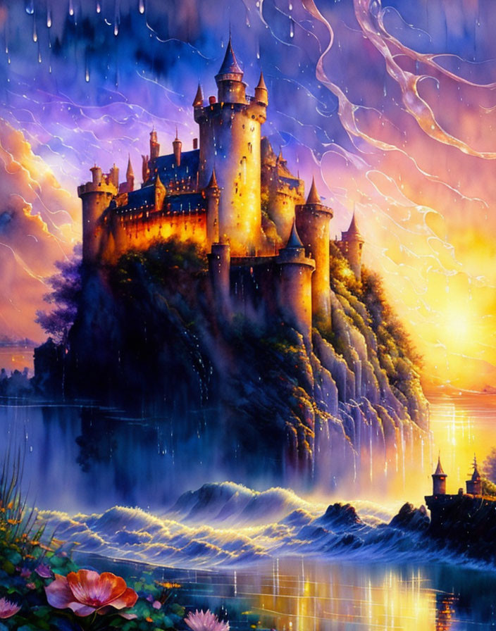 Majestic castle on lush hill with sunset, waterfalls, lake, and vibrant flora