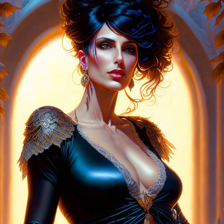 Digital Artwork: Woman with Striking Blue Eyes and Dark Hair in Elegant Black Outfit