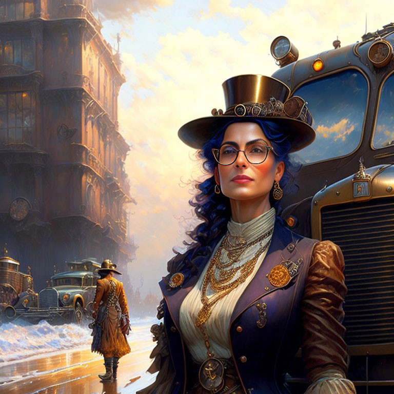 Steampunk-themed image of confident woman in elegant attire with ornate vehicles and bustling cityscape.