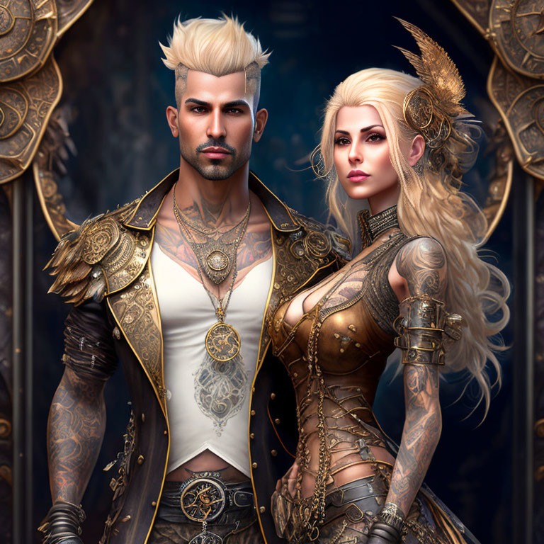 Fantasy characters with golden armor and tattoos in confident poses