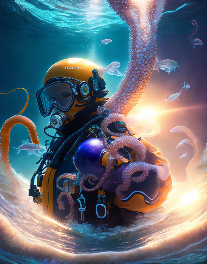 Underwater scene: Diver in golden suit with purple octopus and mystical light