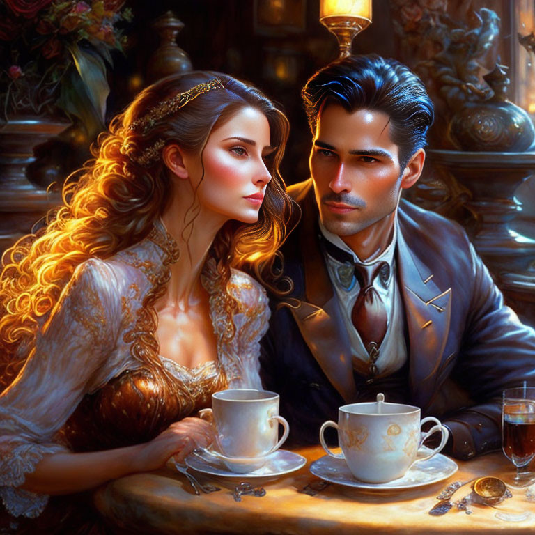 Elegantly dressed man and woman in richly decorated room with teacups.