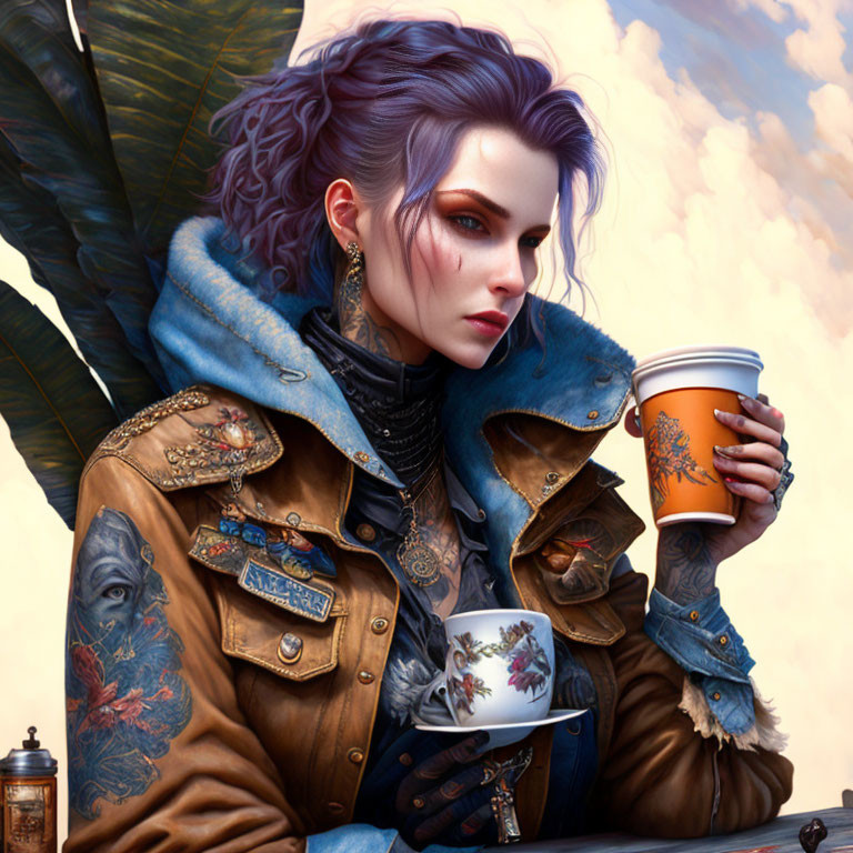 Illustration of woman with purple hair, tattoos, coffee cup, leather jacket with patches.