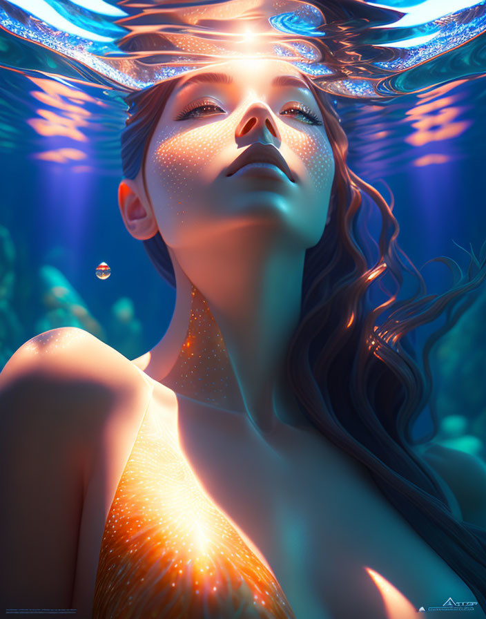 Woman with Glowing Skin Submerged in Water