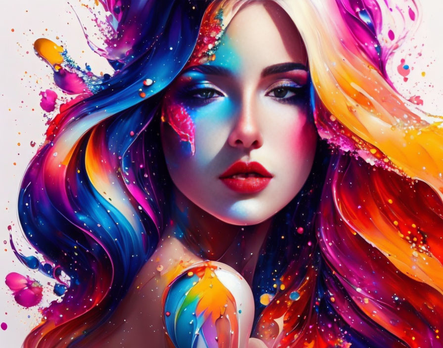 Colorful digital artwork of a woman with multicolored hair and bright paint splashes