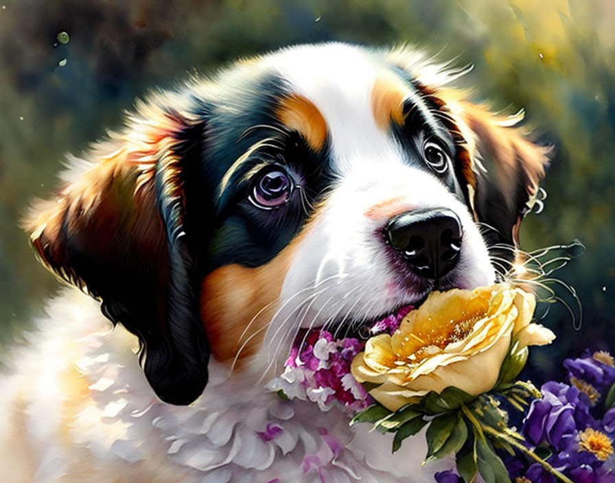 Vibrant Bernese Mountain Dog Painting with Yellow Flower in Mouth