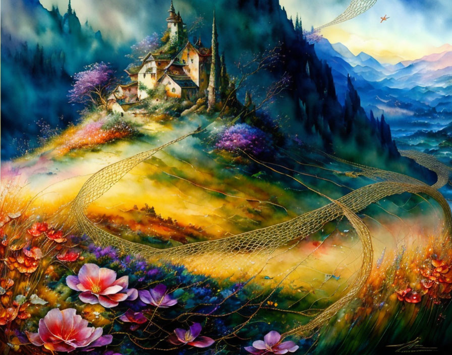 Colorful fantasy landscape with village, mountains, and sunset sky.