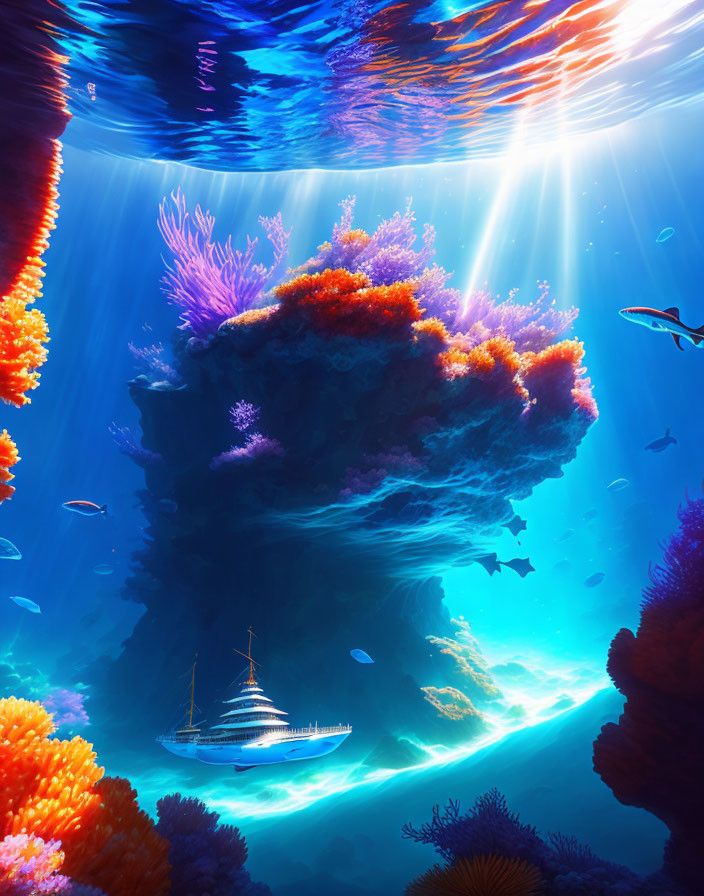 Colorful Coral Formations and Yacht in Sunlit Underwater Scene