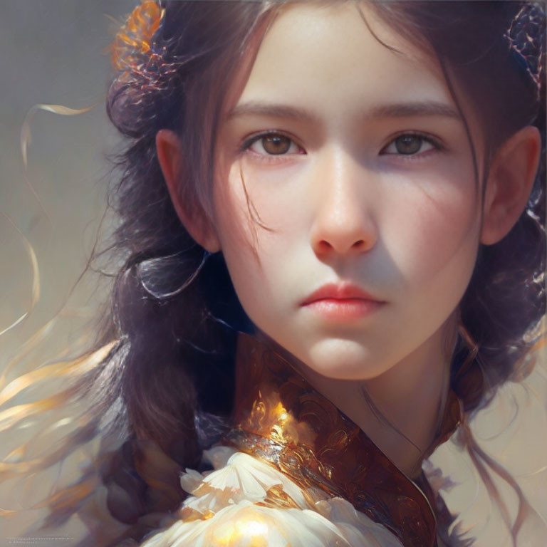 Ethereal young girl digital painting with soft lighting and flowers