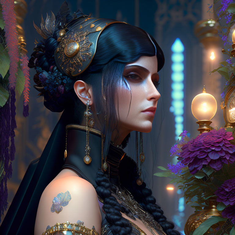 Digital artwork featuring woman with black hair, gold headpiece, surrounded by flora and lanterns