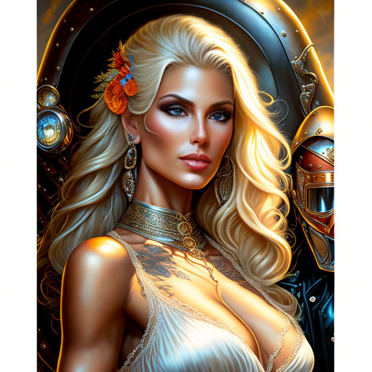 Fantasy digital artwork of a blonde woman in golden armor