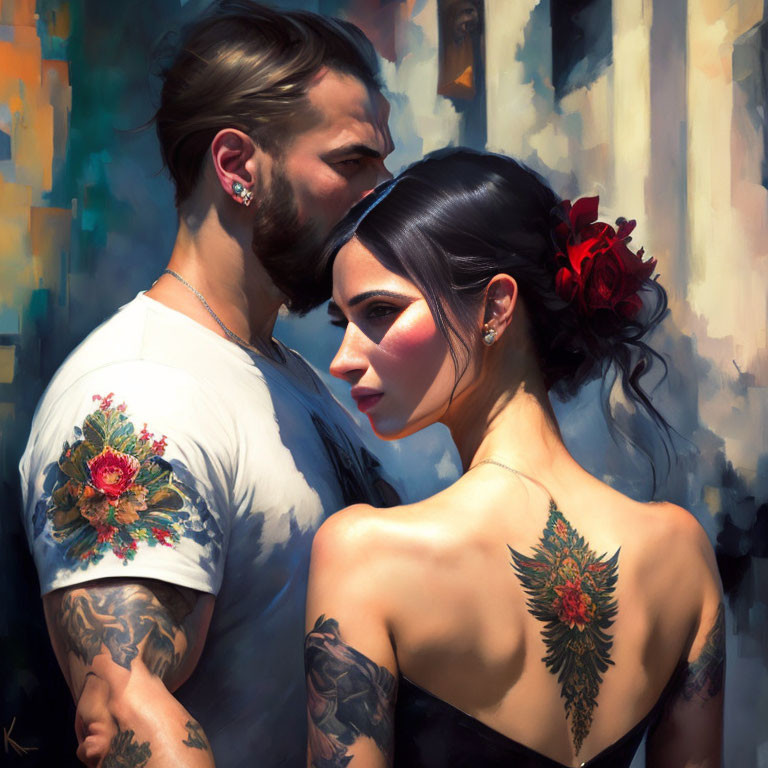 Romantic painting of bearded man embracing tattooed woman with red flower