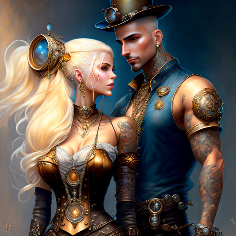 Fantasy steampunk couple with white hair, corset, hat, vest, and tattoos