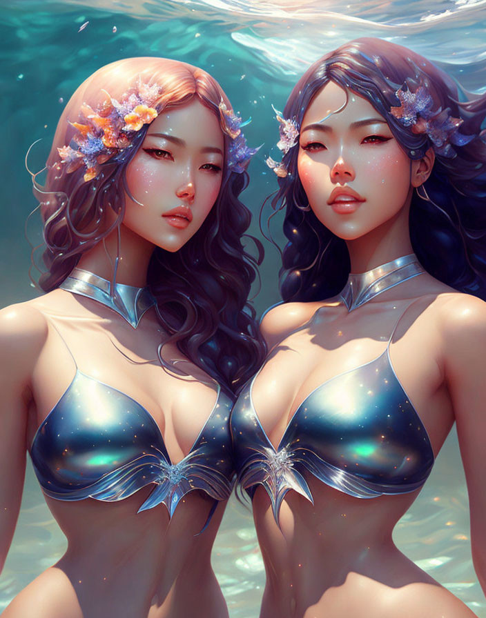 Identical female figures in floral and galaxy attire submerged in water