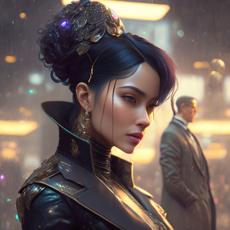 Futuristic woman with elaborate hairstyle in urban setting