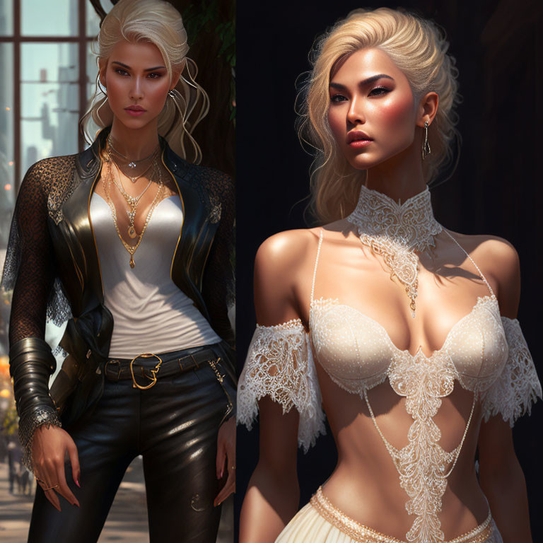 Blonde Woman in Leather Jacket and Lace Lingerie