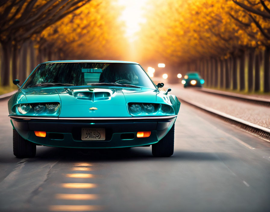 Classic Blue Sports Car Driving on Tree-Lined Road at Sunset