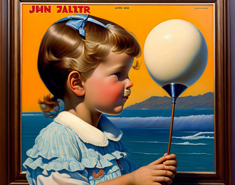 Hyperrealistic Painting: Young Girl with Blue Bow and Glowing Lollipop