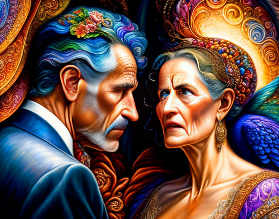 Colorful Elderly Couple Illustration with Peacock Feathers