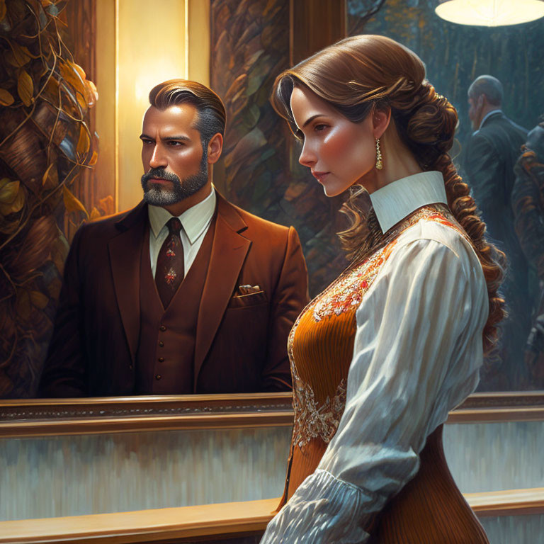 Victorian-era couple in suit and dress in golden-lit room