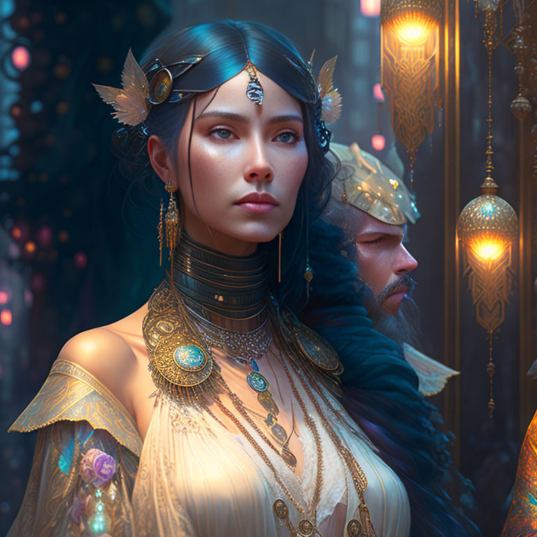 Regal woman in golden attire with headdress in fantasy setting