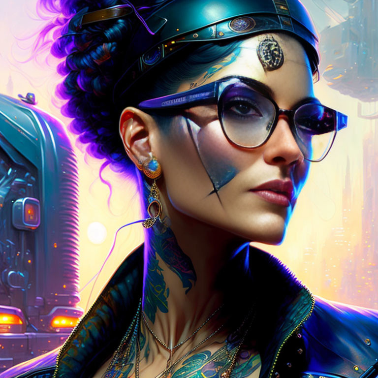 Cyberpunk portrait of a woman with tattoos and futuristic attire