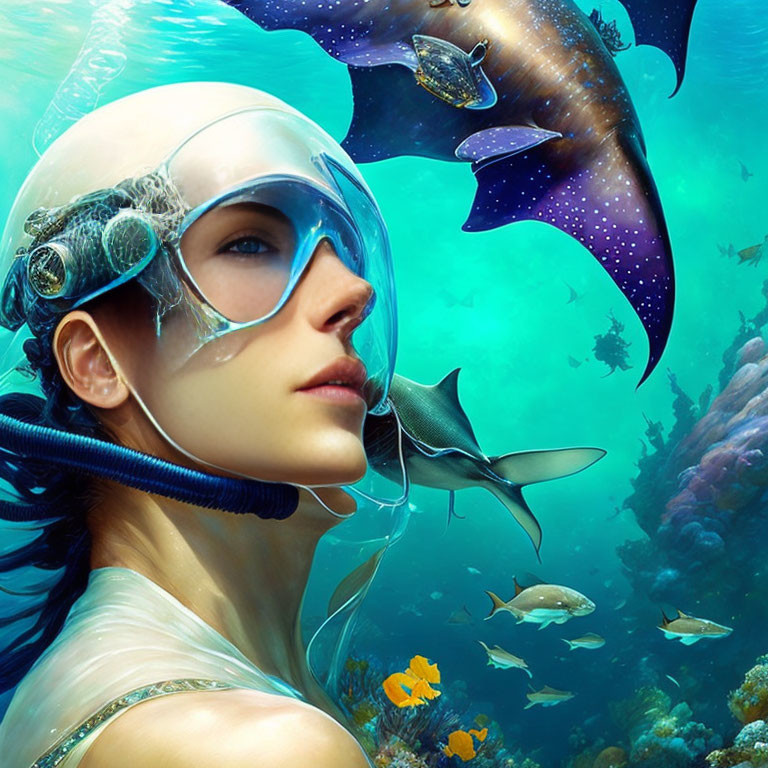 Woman in futuristic diving mask surrounded by colorful fish and whale shark underwater