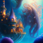 Undersea castle with glowing windows, jellyfish, and colossal octopus in blue depths