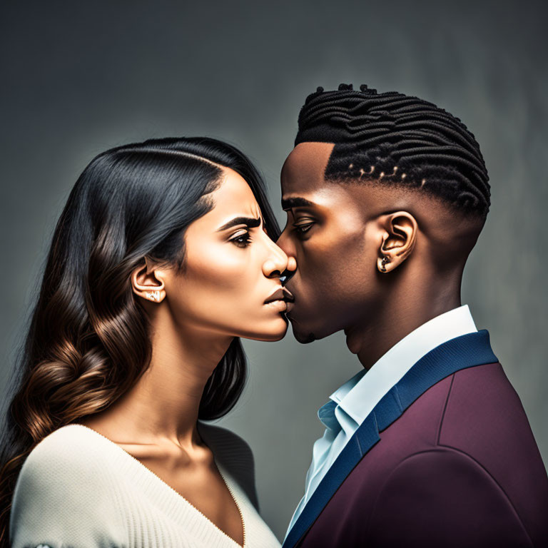 Serious man in suit and woman in white top facing each other on grey background