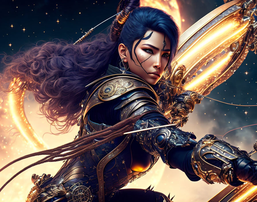 Warrior woman digital artwork with golden bow under starry night sky