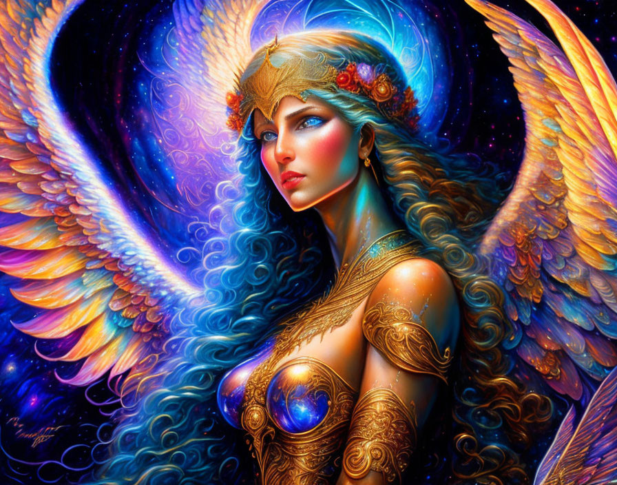 Fantasy illustration of winged female in golden armor against cosmic backdrop