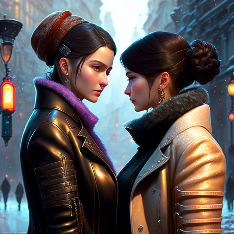 Two women in stylish winter jackets in snowy city scene at dusk