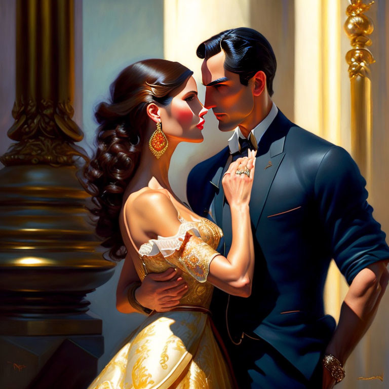 Illustrated couple in formal attire with gold dress and dark suit sharing intimate moment