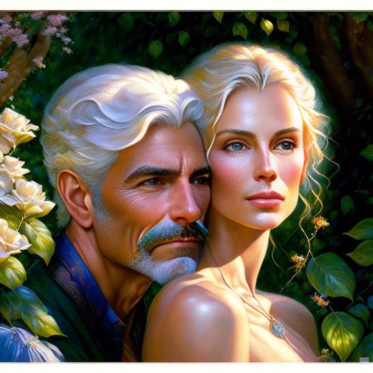 Elderly man with white hair and young woman with blonde hair in intense gaze against floral background