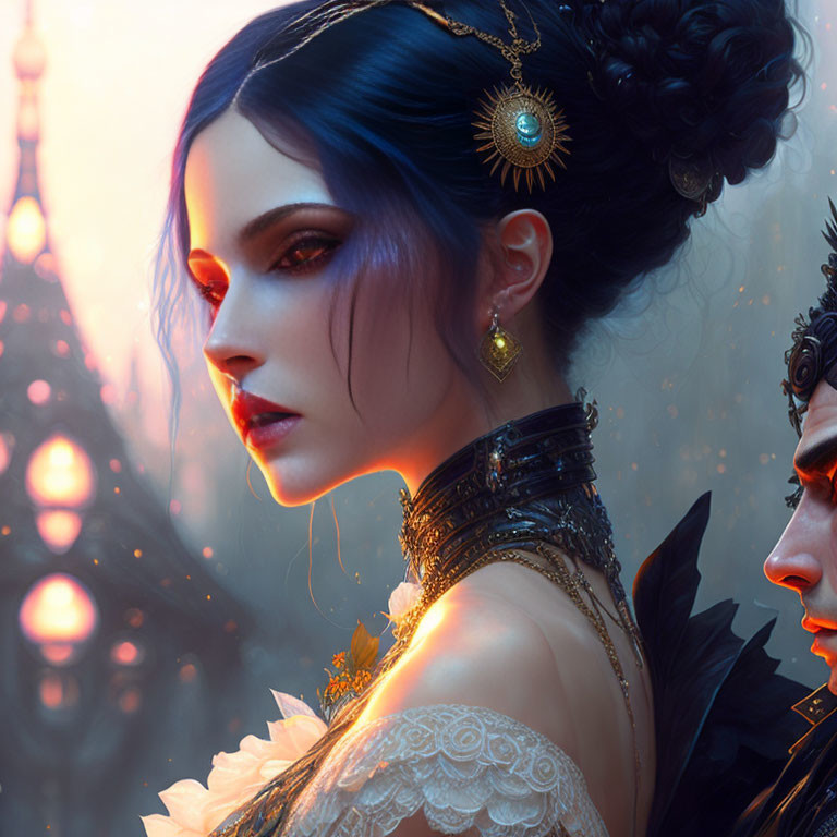 Fantasy-themed image with two characters in elaborate attire and blue hair.