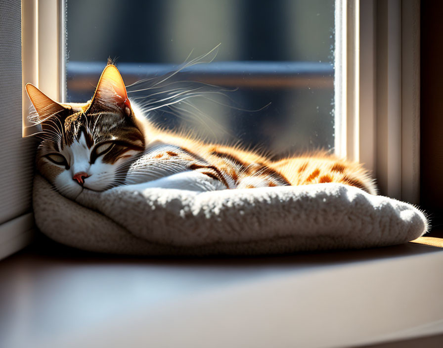 Tabby Cat Sleeping in Sunlit Window on Cozy Cushion