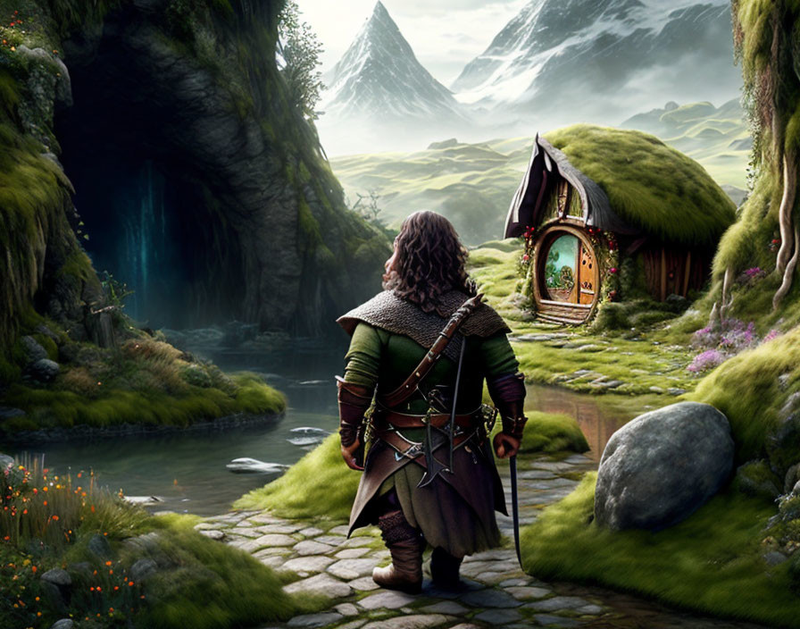 Fantasy character with sword on stone path to round-doored house in lush mountain landscape