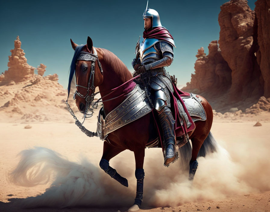 Armored knight on horseback in desert landscape with rocky formations