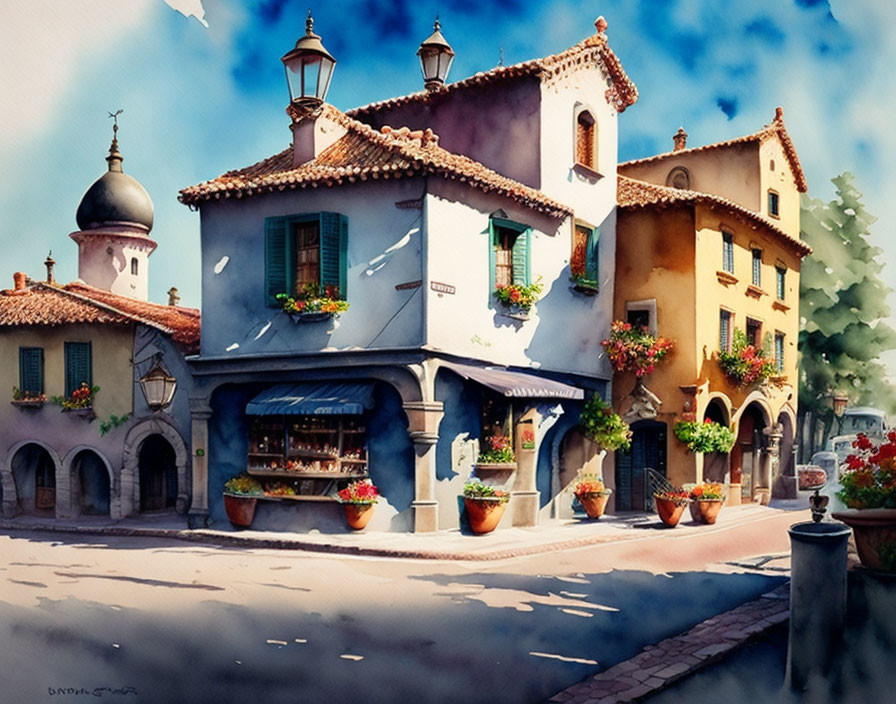 Colorful Watercolor Painting of European Street Corner