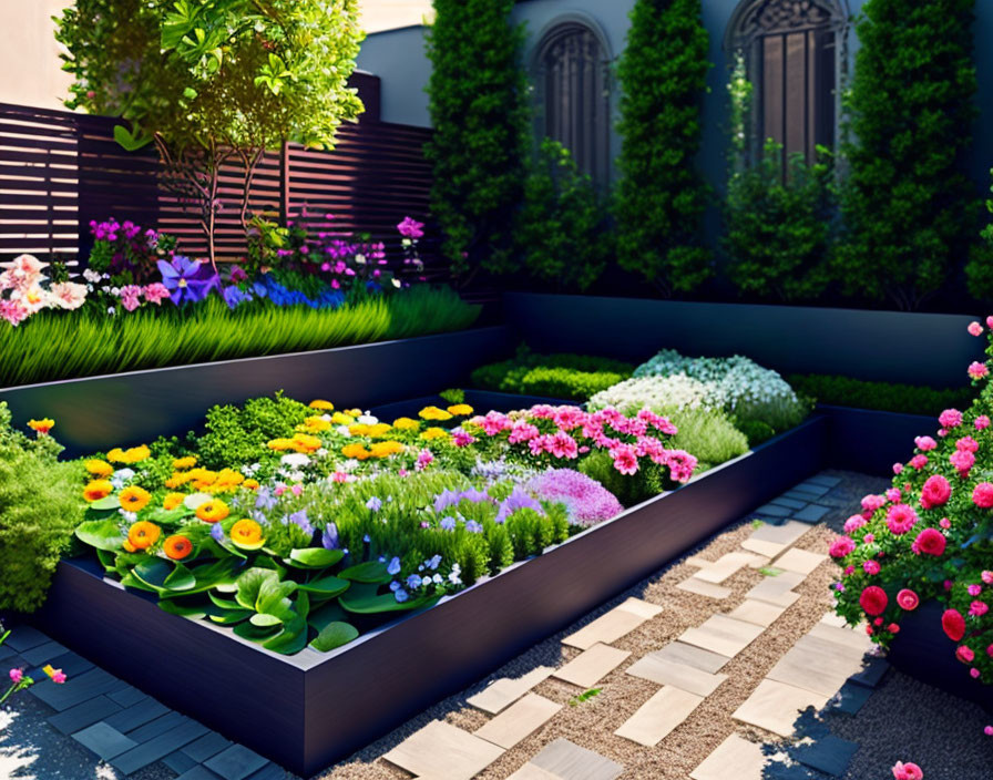 Colorful Flowers and Plants in Raised Garden Beds with Wooden Fence and Stone Pathway