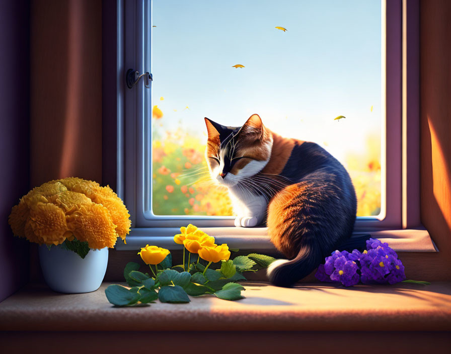 Calico Cat on Windowsill with Flowers and Butterflies