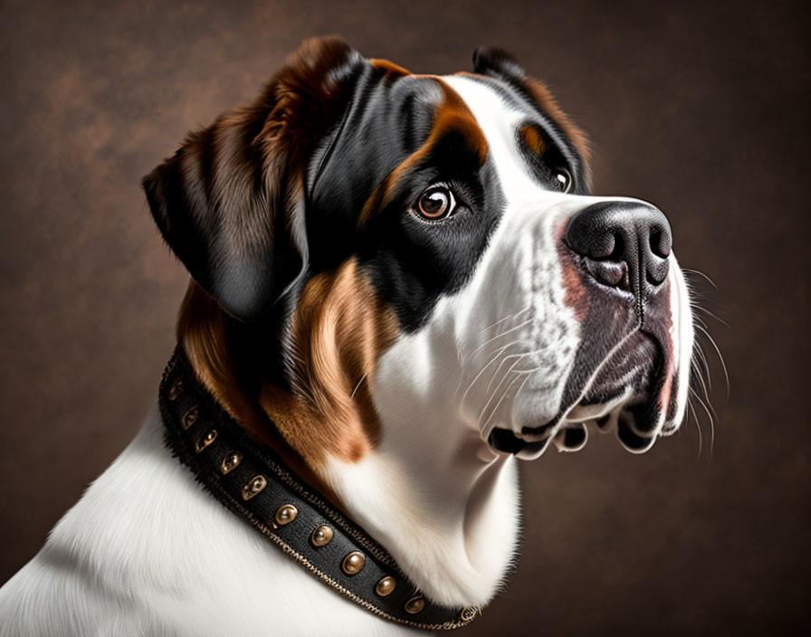 Large Tricolor Dog Portrait with Studded Collar and Focused Gaze