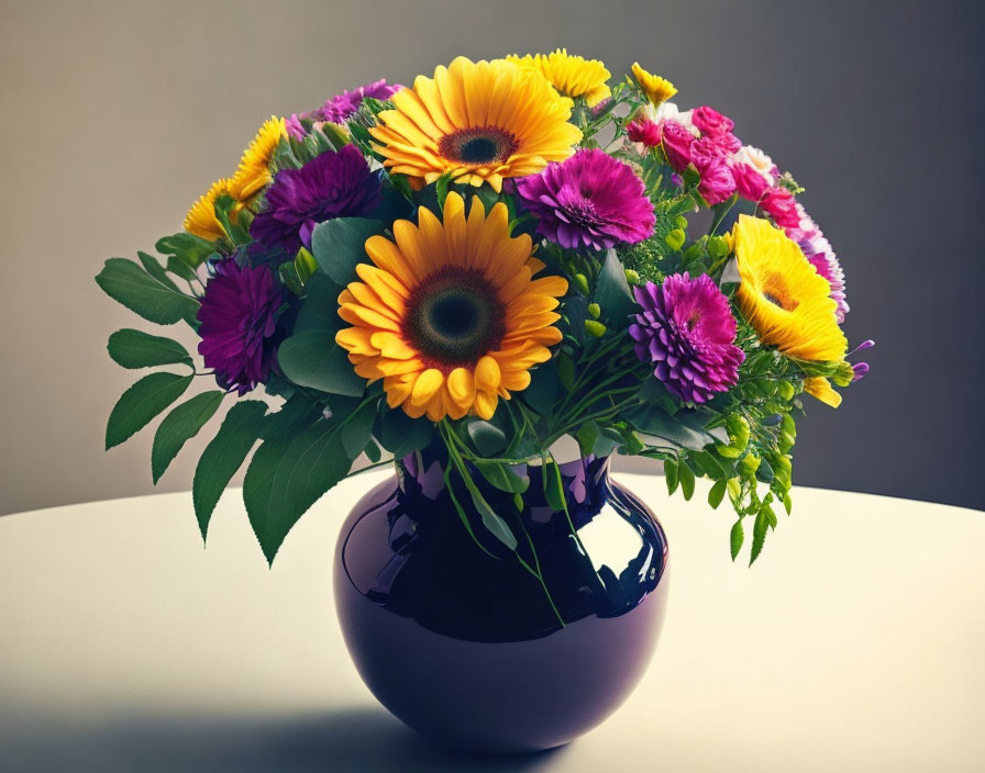 Assorted Sunflowers and Daisies Bouquet in Dark Vase