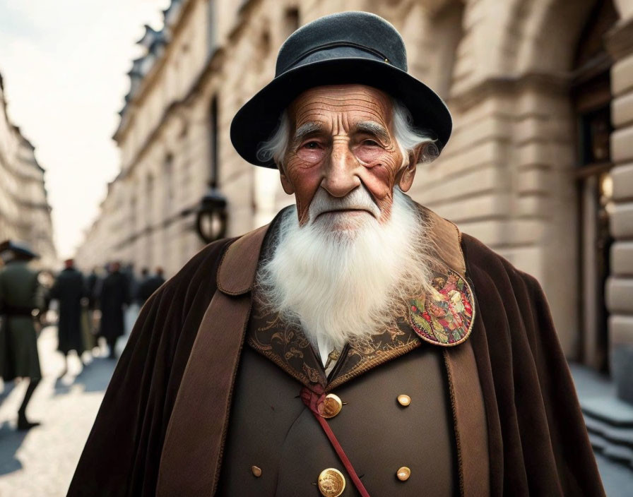 Elderly man in traditional attire stands on city street