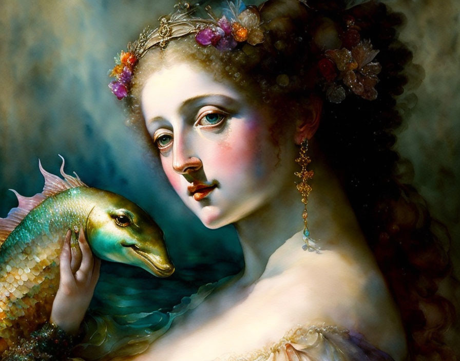 Portrait of ethereal woman with flower crown holding golden fish in soft lighting