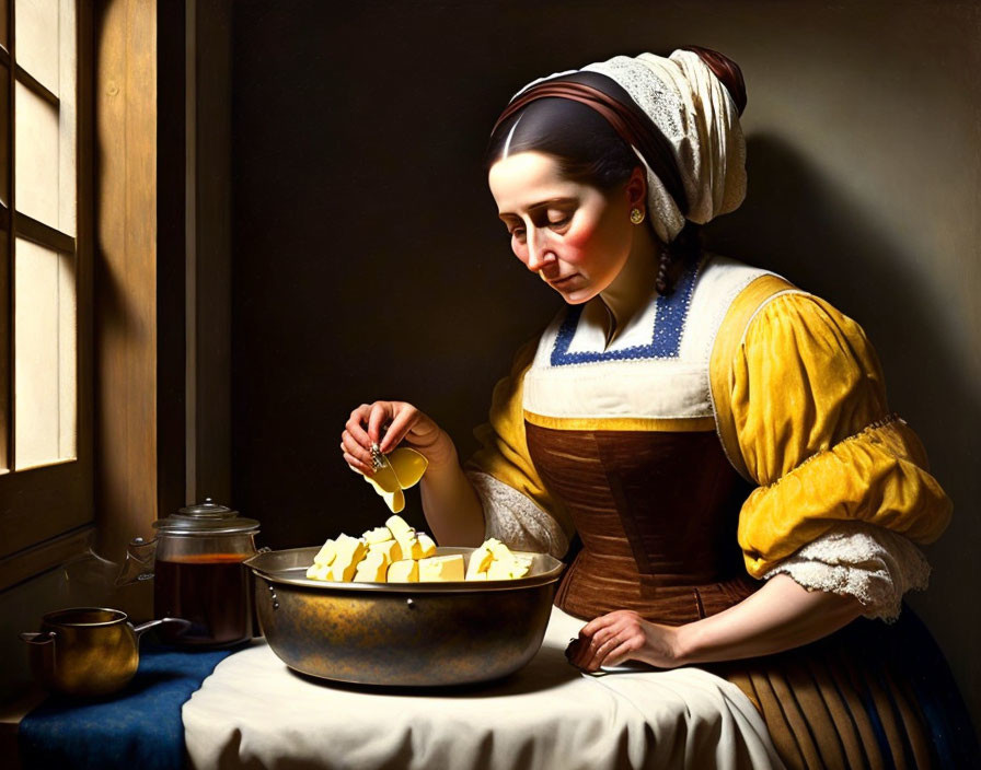 Historical woman pouring liquid into bowl by window in Dutch painting style