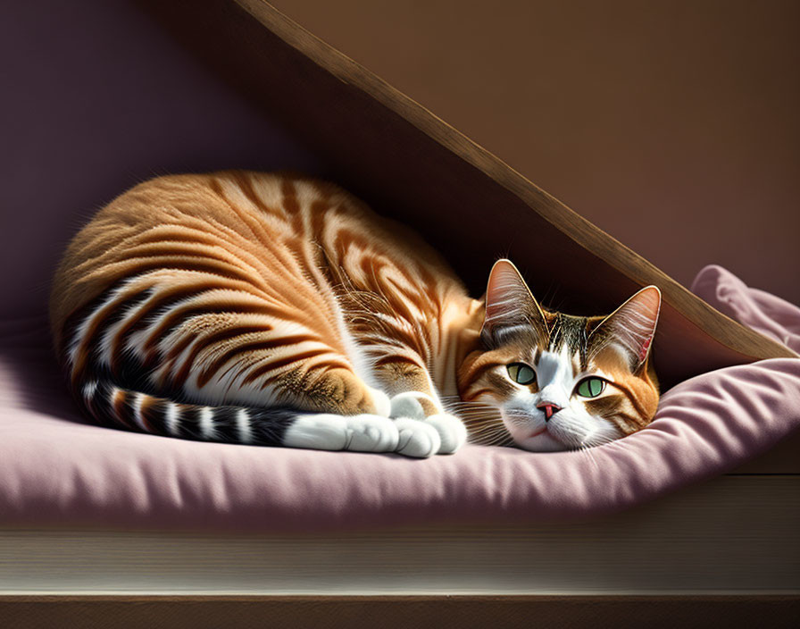 Striped Orange and White Cat Relaxing on Pink Cushion Under Slanted Wooden Beam